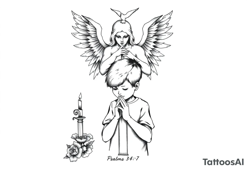 A boy praying in front of a candle casting a shadow in behind him. A guardian angel stands behind him holding a sword pointing into the ground, above the angel are barely visable demons, below everything is the bible verse Psalms 34:7. A rose and dove should be incorporated as well as gothic and fine line tattoo work. tattoo idea