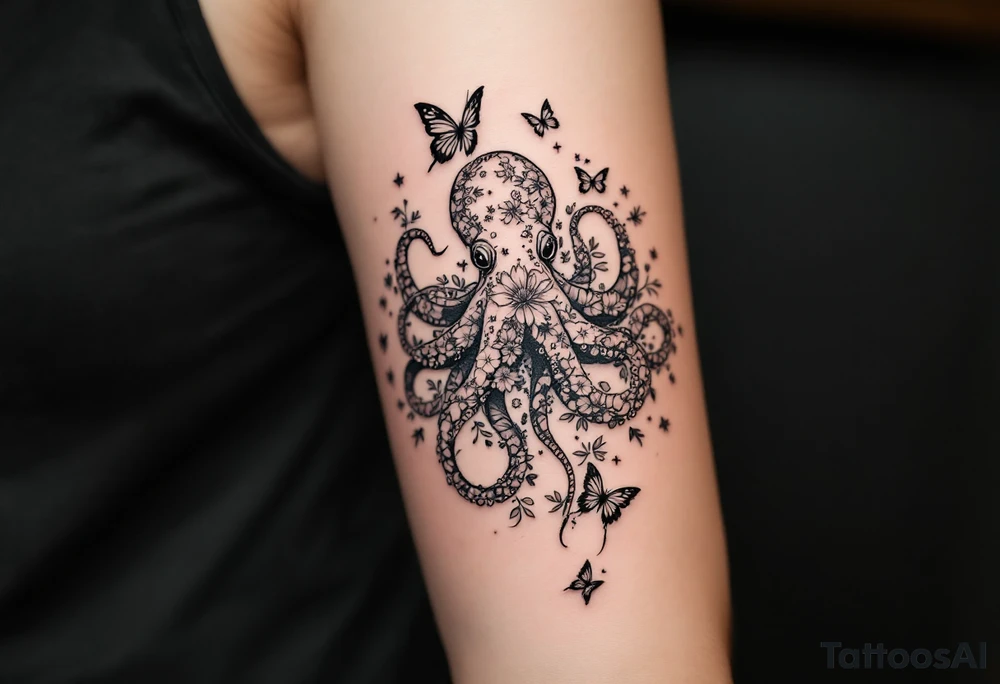 A fine-line tattoo design of a single octopus made entirely of flowers and butterflies. The octopus’s tentacles are shaped like flowing floral vines with leaves and petals, and its body is composed of overlapping blossoms and butterfly wings. Incorporate sacred geometry. The style is minimalist, elegant, and nature-inspired, with delicate black and grey lines, soft shading, and no outlines. No aquatic or marine elements besides the floral octopus. The design flows organically down the upper arm or shoulder, with a light, airy, and poetic feel, sacred, enlightened, divine patterns tattoo idea