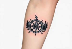 Nature including a compass as the centerpiece with mountains and trees in the background tattoo idea