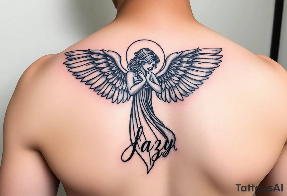 upper arm tattoo - Remembrance angel of a deceased best friend with the name Jazy incorporated tattoo idea