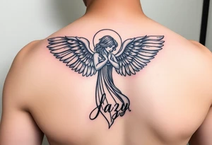 upper arm tattoo - Remembrance angel of a deceased best friend with the name Jazy incorporated tattoo idea