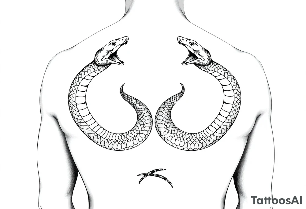 Id like a back tattoo with two snakes.  The illustration should be minimal with "skin-break."  I'd like the tails to be intertwined to accentuate my upper buttocks/upper butt crack, and Id like the snakes to moving upwards to the upper back, with the heads stopping just under my shoulder blades.  Almost like a "V shape" but very organic, like a symmetrical winding road.  Id like the tattoo to be sexy and accentuate my back to make my waist look small.  Black and white. Minimal.  Fine line. Please use a male body type. tattoo idea