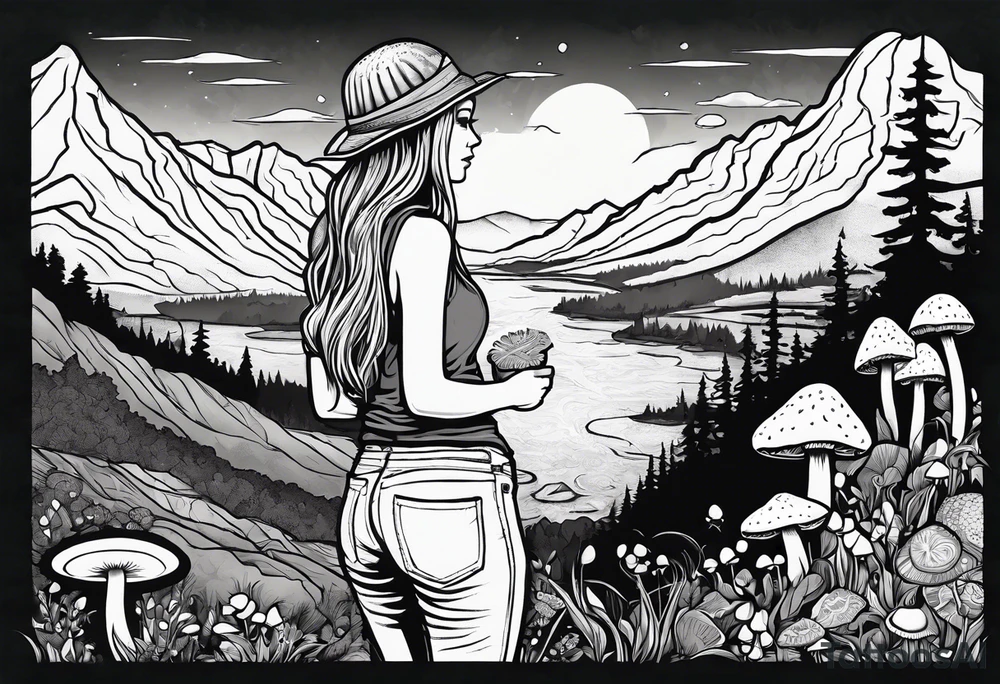 Straight long blonde hair hippie girl in distance holding mushrooms in hand facing away toward mountains and creek surrounded by mushrooms tee shirt and hiking pants tattoo idea
