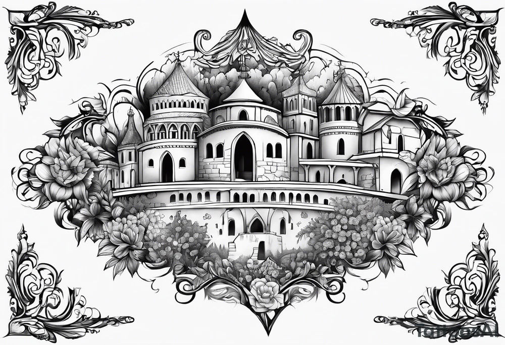 medieval tribal city 
floral  land  vignette tattoo idea