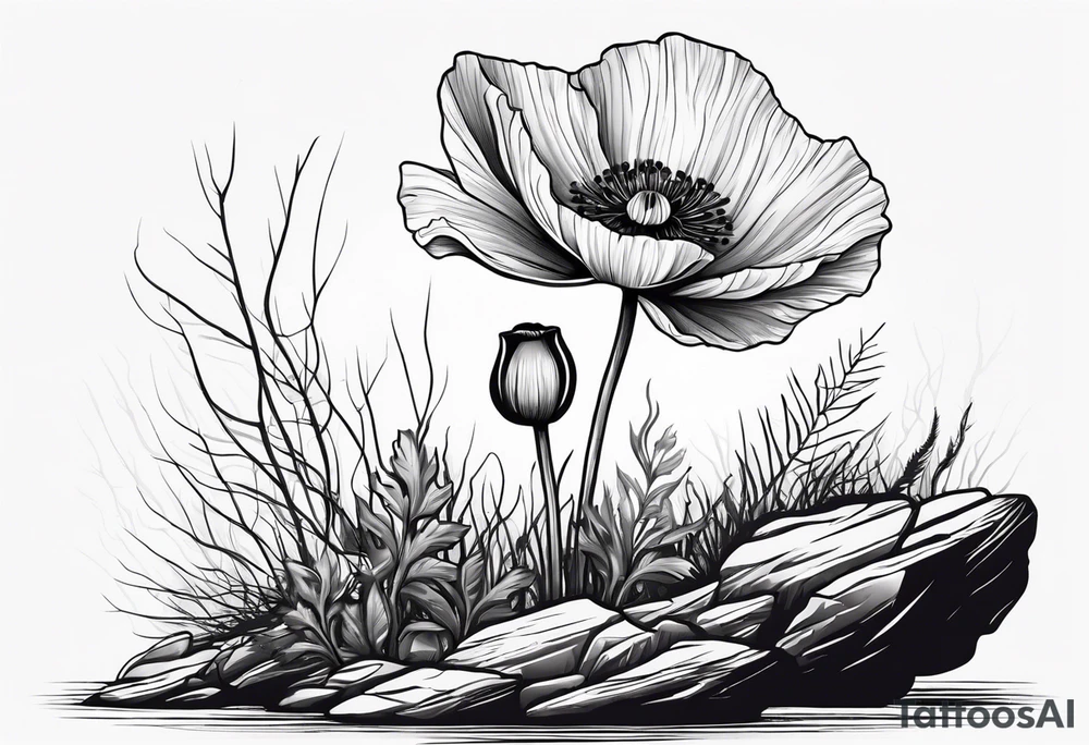 Poppy flower growing from a rock and roots grow down rock tattoo idea