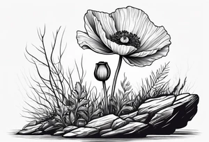 Poppy flower growing from a rock and roots grow down rock tattoo idea