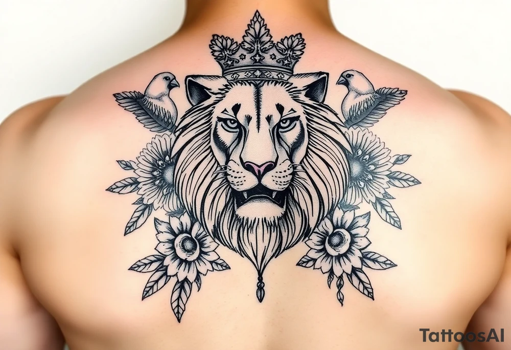 powerful majestic lion with a crown, surrounded by floral ornaments and birds tattoo idea