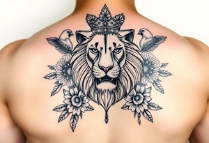 powerful majestic lion with a crown, surrounded by floral ornaments and birds tattoo idea