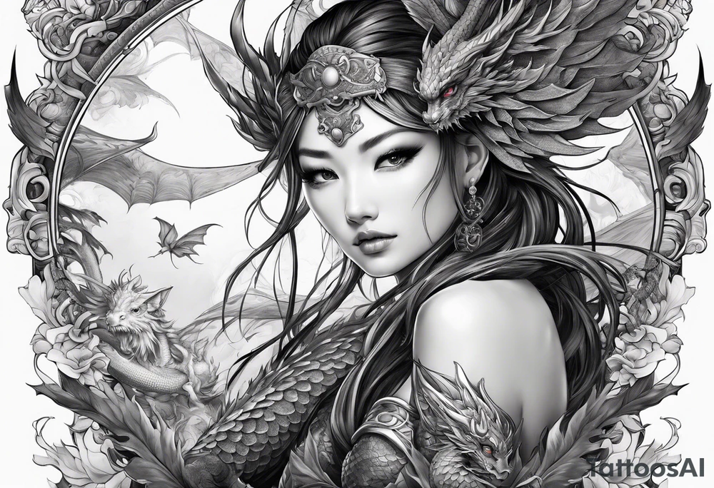 beautiful warrior nymph with dragon wings and a dragon friend tattoo idea