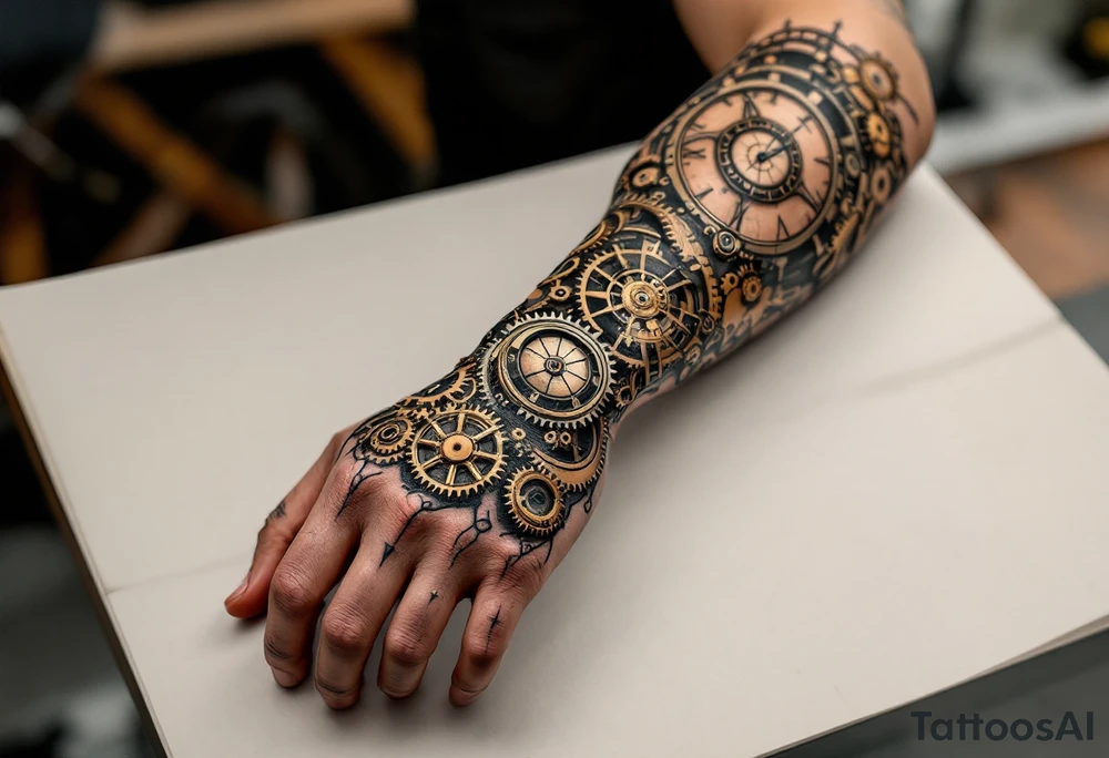A steampunk-inspired hand tattoo in bronze, copper, and rust tones with exposed gears and clockwork intricacies. tattoo idea