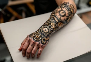 A steampunk-inspired hand tattoo in bronze, copper, and rust tones with exposed gears and clockwork intricacies. tattoo idea