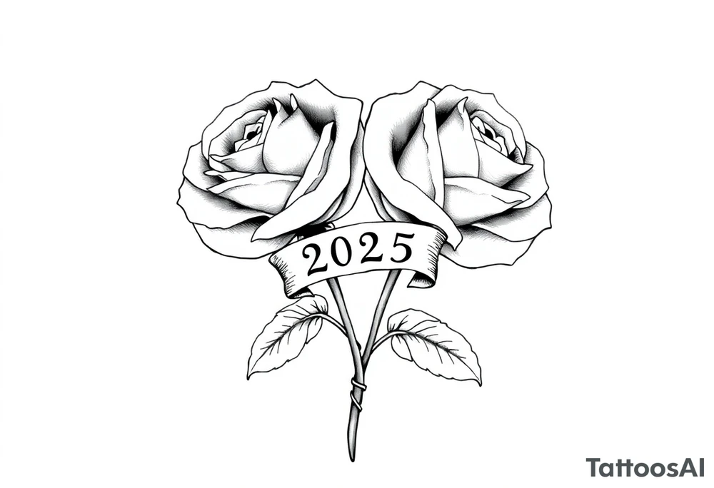 two big beautiful roses with leaves and with their stems intertwined, with a small banner with the year "2025" on it, tying them together.  Add the following word "Rose" written in Kanji above the drawing tattoo idea