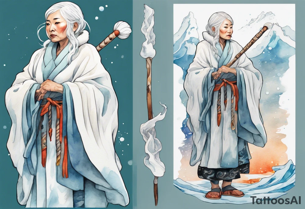 a 40 year old Inuit woman with white hair and a white robe holding a white bo staff, standing on an iceberg tattoo idea