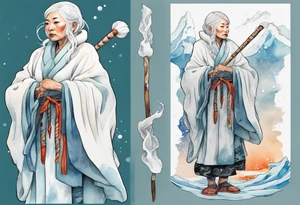 a 40 year old Inuit woman with white hair and a white robe holding a white bo staff, standing on an iceberg tattoo idea