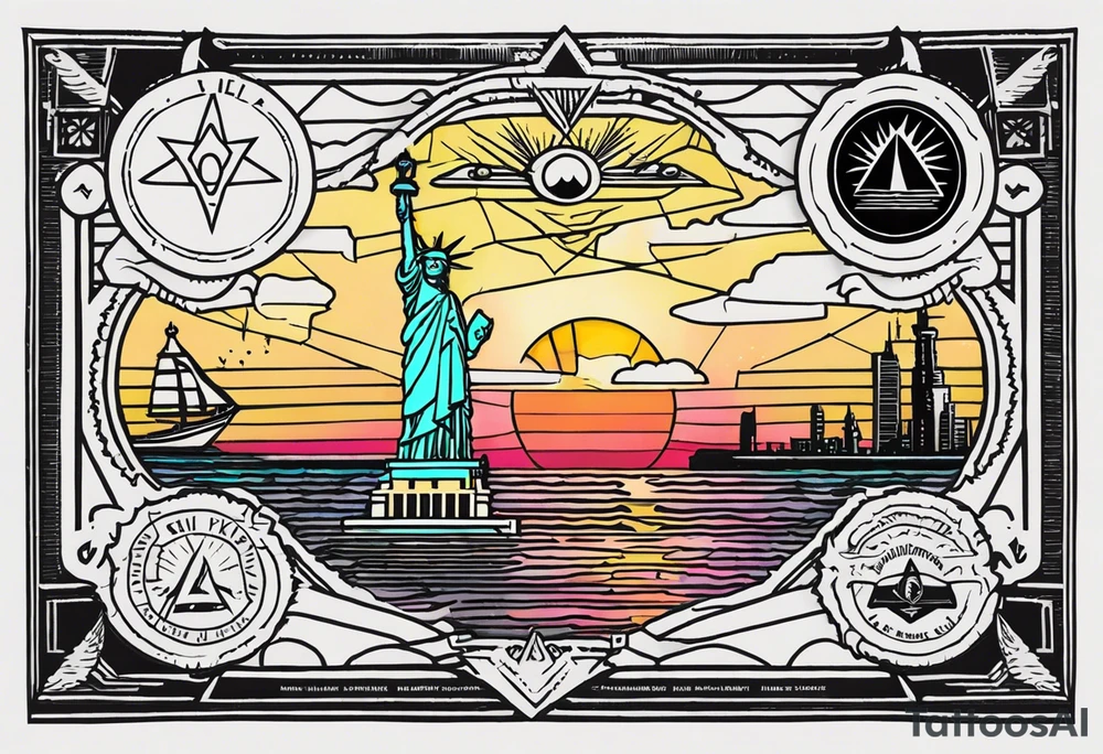Bill Cipher
 Rick and Morty
 Statue of Liberty USA
 The amazon badge.
 Some kind of reference to engineering and architecture
 $ ₿£ ₿ € £ badges.
 Airplane ticket
 Palms
 Sunset
 Surfing
 Something Masonic: eye, hand with an eye, circlet
 Abstract lines
Words FREEDOOM, LOVE, TIME tattoo idea