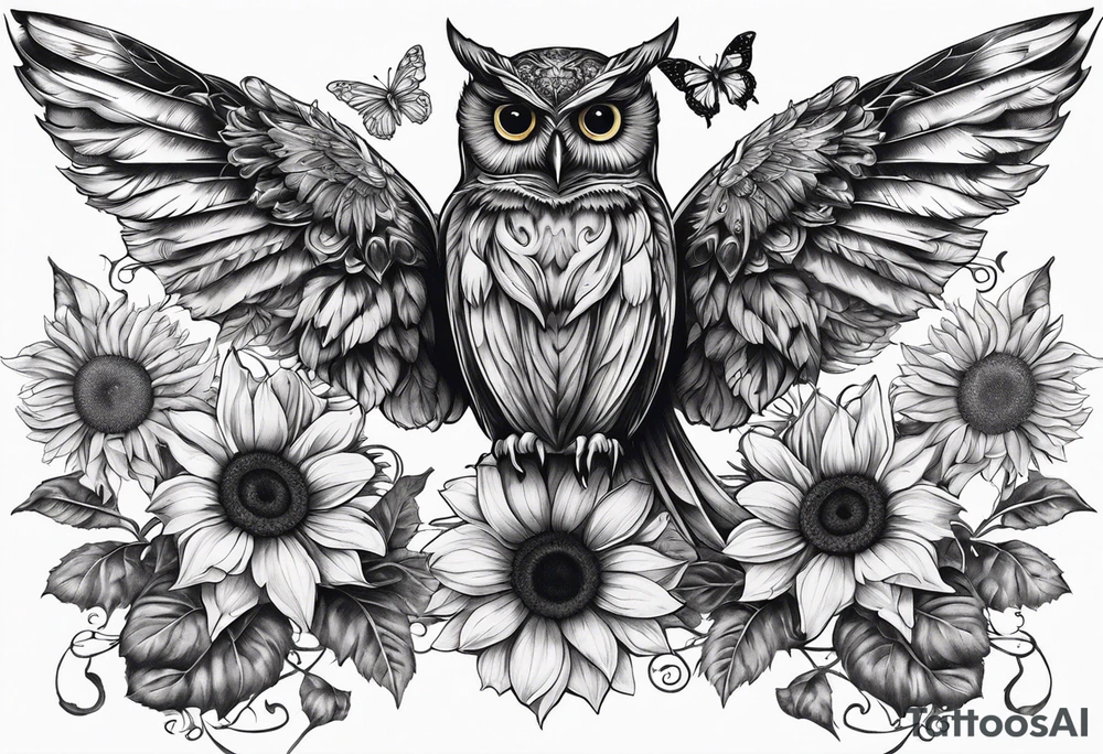 Winged cross with sunflower and butterflies that looks like an owl tattoo idea