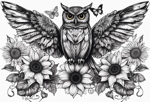 Winged cross with sunflower and butterflies that looks like an owl tattoo idea