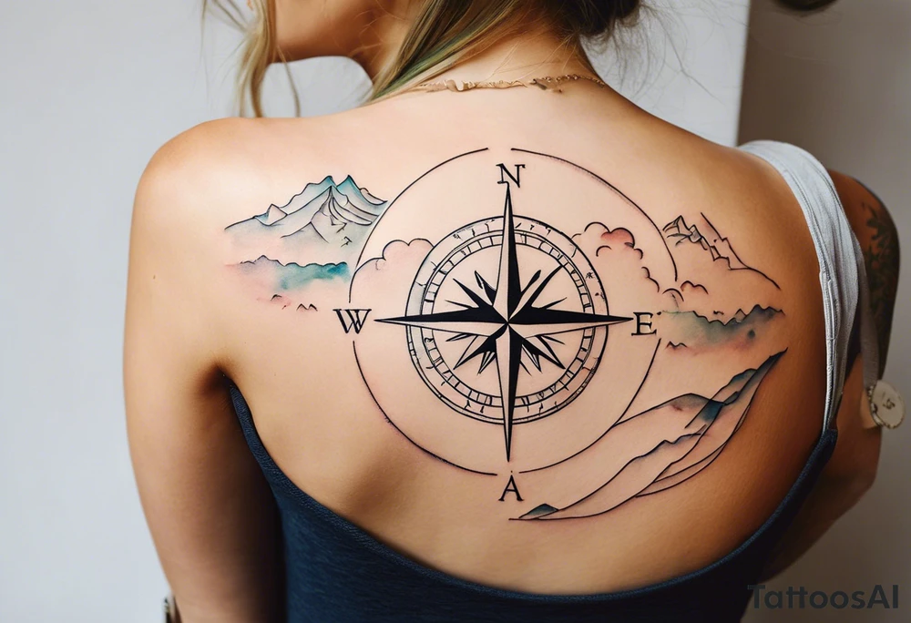 A half sleeve tattoo that features the quote **"Not all who wander are lost"** in elegant script on the outer forearm. Surrounding it are a compass rose and flowing elements like mountains, waves, and trees, symbolizing adventure and nature. Small travel icons like a plane and backpack are interspersed, enhancing the theme of exploration. The design uses a watercolor style with soft colors, creating a cohesive, dynamic look that wraps naturally around your forearm tattoo idea