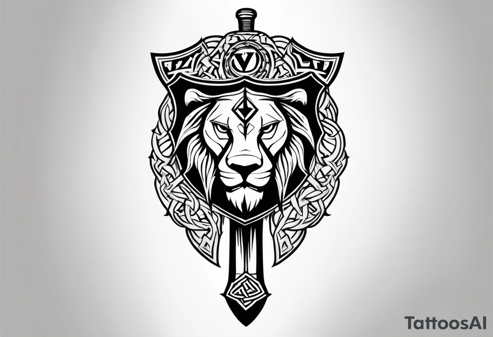Valhalla sword shield lion 
 axe Valknut tattoo idea