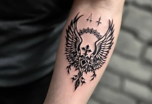 deux corbeau
épée 
un crane
un coeur tattoo idea