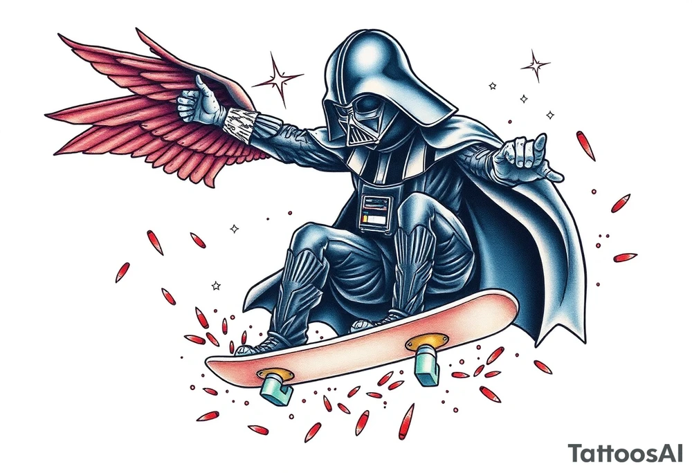 MEMORY TATTOO
Darth Vader skateboarding heaven, outdoors, bullets, star wars>blue and red 
"Darth Carter"
12/29/88-01/06/24 tattoo idea