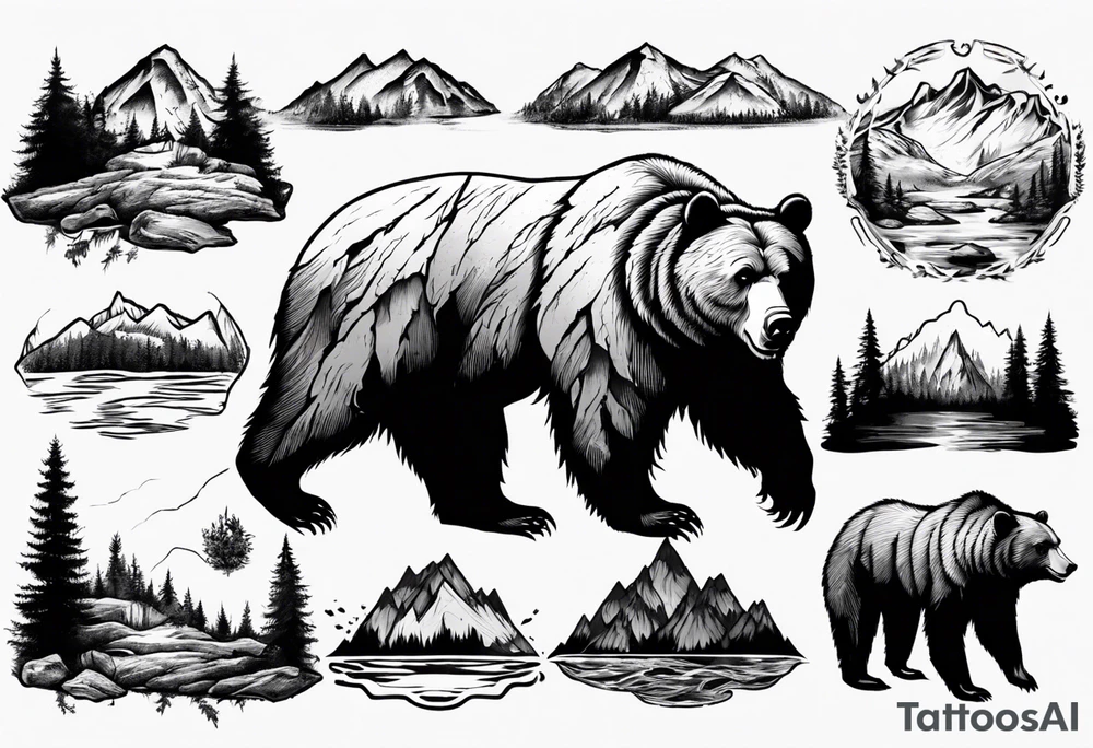 Bear with mountains, forest, rivers etc inside of it tattoo idea