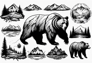 Bear with mountains, forest, rivers etc inside of it tattoo idea