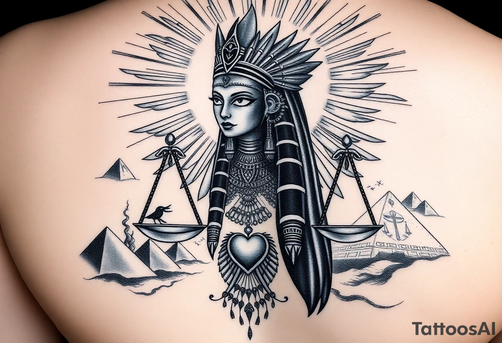 “Super realistic black and grey tattoo of the Egyptian goddess woman, depicted as a regal woman with an ostrich feather headdress, intense glowing eyes, and intricate ancient Egyptian jewelry. She stands or floats amidst swirling cosmic energy and beams of light, with subtle hieroglyphics and pyramids in the background. Incorporate the Scales of Justice—one side holding a heart, the other Ma’at’s feather—glowing with ethereal energy. Emphasize dramatic lighting, deep shadows, and surreal, mystical atmosphere to match a sleeve with Anubis and cosmic motifs. Design should flow with existing sleeve art, using soft transitions and layered textures. tattoo idea