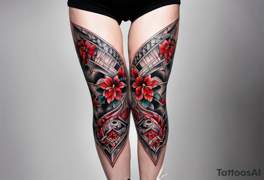 semi Detailed neo traditional knee tattoo on paper. The tattoo features geometric patterns and bold lines, creating a visually striking design with slight tints of deep red. tattoo idea