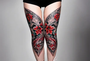 semi Detailed neo traditional knee tattoo on paper. The tattoo features geometric patterns and bold lines, creating a visually striking design with slight tints of deep red. tattoo idea
