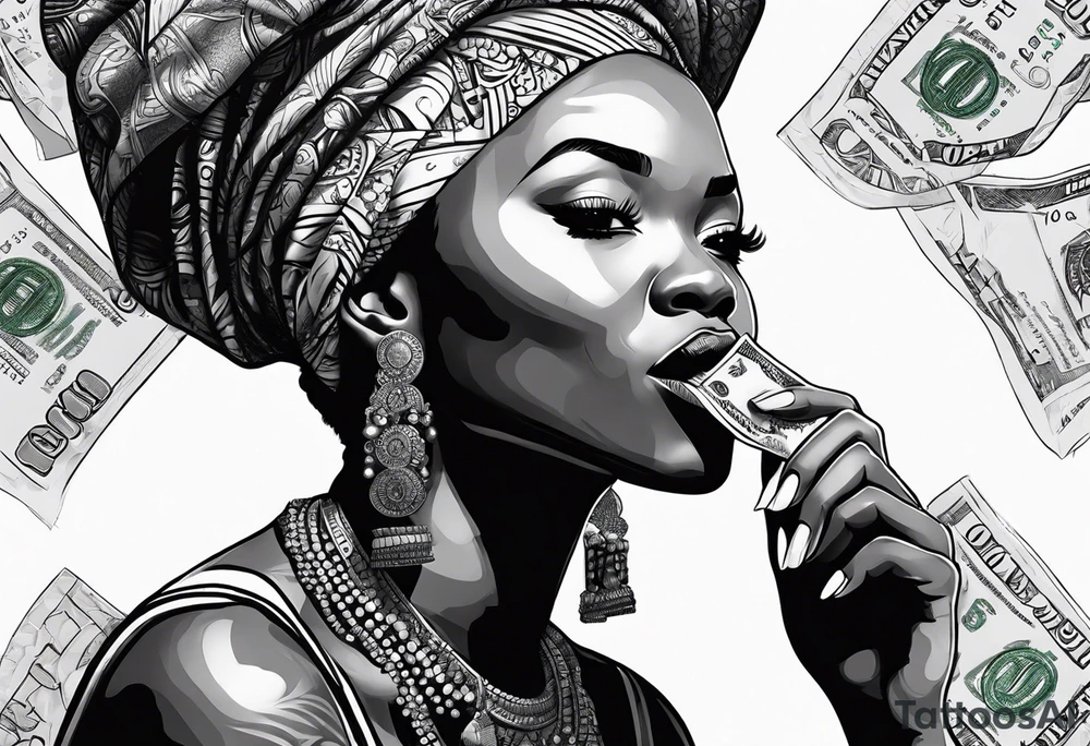 african woman biting money tattoo idea