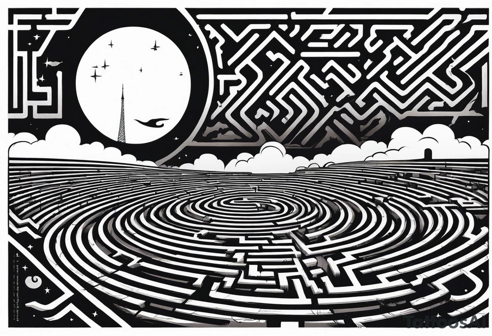 Maze with a train track in the middle. Sky cracking with moon of time tattoo idea
