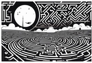 Maze with a train track in the middle. Sky cracking with moon of time tattoo idea