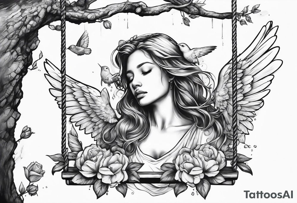 crying broken angel on swing add flowers around add hummingbird tattoo idea