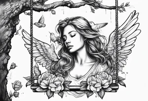 crying broken angel on swing add flowers around add hummingbird tattoo idea