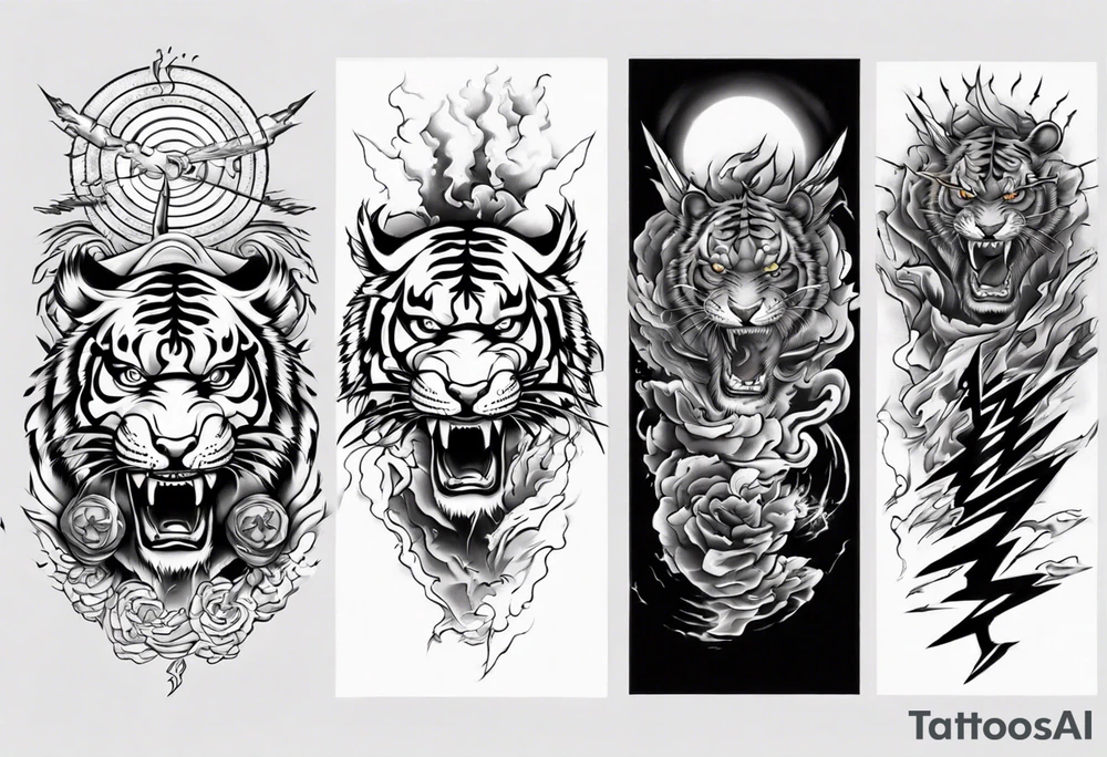 tiger warrior with lightning and the sun for a forearm sleeve tattoo idea