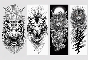 tiger warrior with lightning and the sun for a forearm sleeve tattoo idea