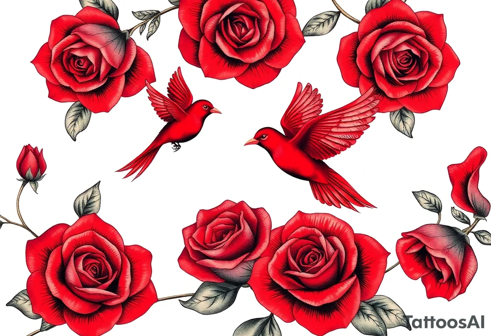 Vintage lace, red roses close together, bright red bird flying freely tattoo idea