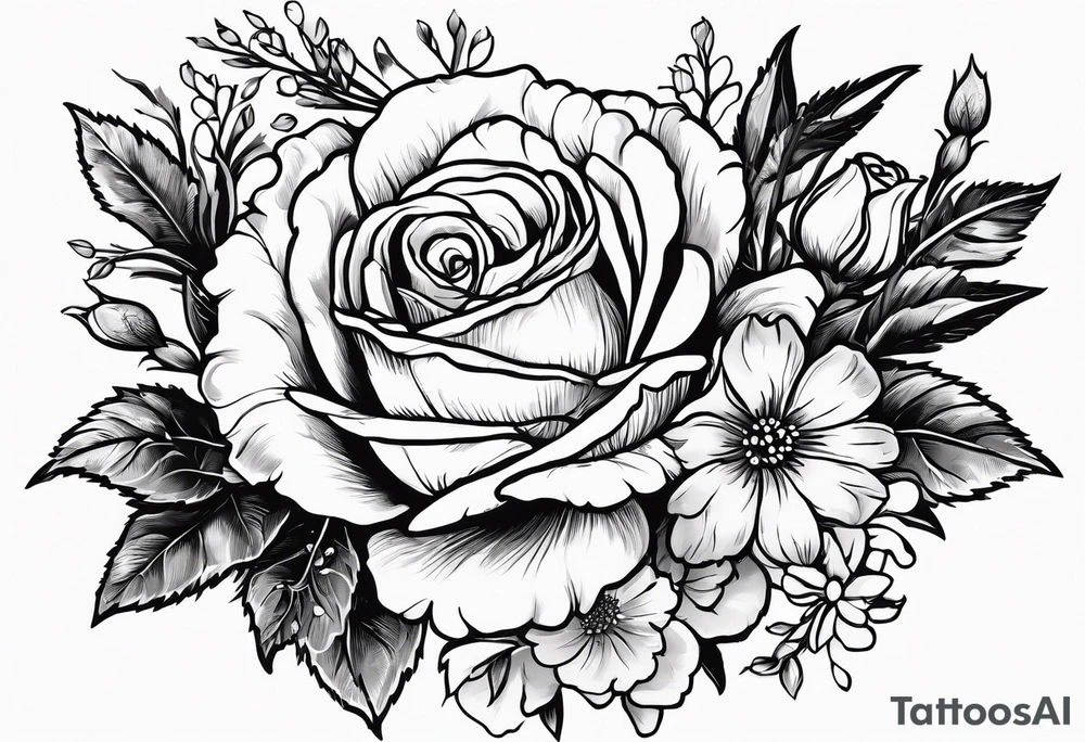 roses, carnations, daisies, larkspur, olive stem tattoo idea