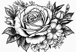 roses, carnations, daisies, larkspur, olive stem tattoo idea