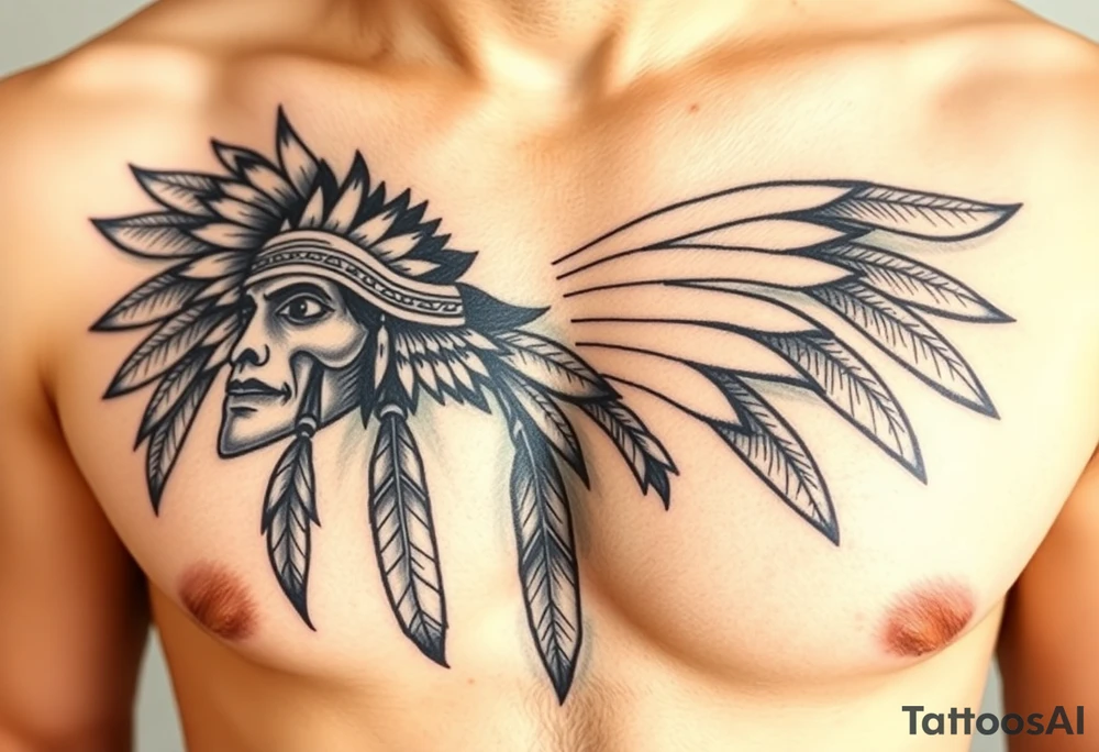 Native American chest color male left peck tattoo idea