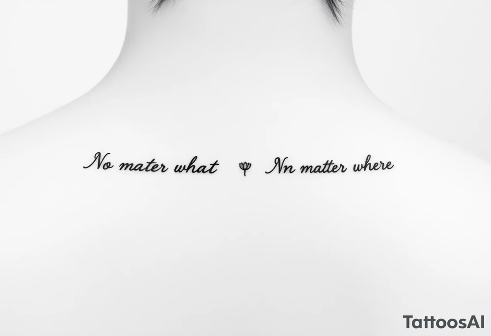 A delicate cursive tattoo with the quote ‘No matter what’ (for one person) and ‘No matter where’ (for the other), placed along the collarbone. At the end of each quote, incorporate a soft, feminine flower design — such as a small lotus, daisy, or wildflower — that flows naturally from the end of the text, as if the flower is part of the lettering or subtly blooming from the last word.

Design should feel light, elegant, and symbolic of connection and unconditional love between mother and daughter. Style should be fine line or single-needle, black ink only, minimalistic and graceful. tattoo idea