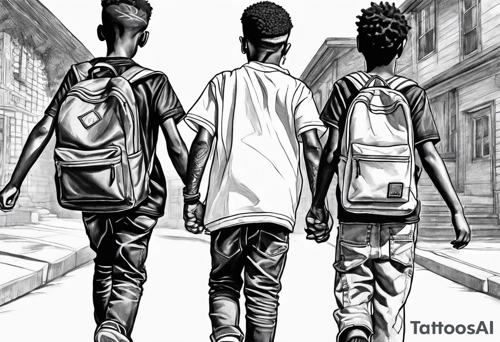 full bodies of 3 black school age boys walking away together and one is looking to the side at the one in the middle tattoo idea