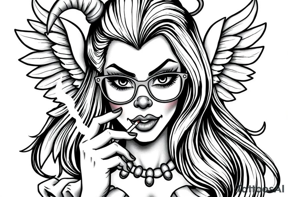 beautiful long hair pin up Clown Girl thug eyeglasses angelic wings smoking a cigarette tattoo idea