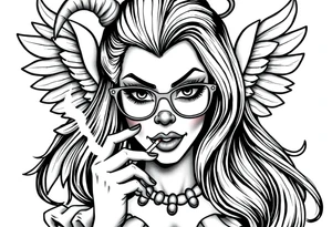 beautiful long hair pin up Clown Girl thug eyeglasses  angelic wings smoking a cigarette tattoo idea