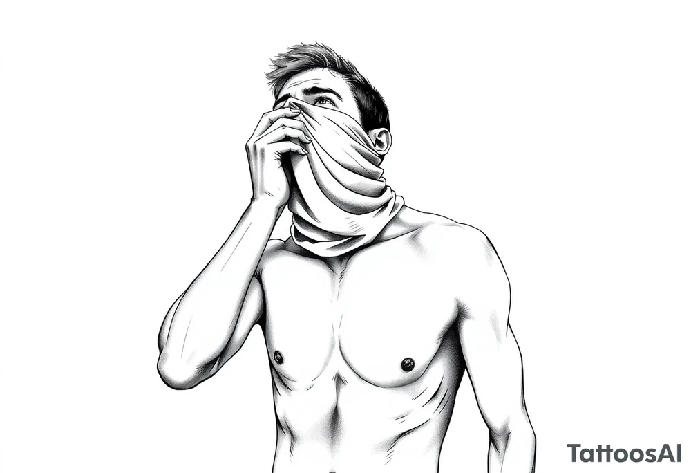 a naked man covering his eyes and mouth with a cloth with no emotions and looking up the sky tattoo idea