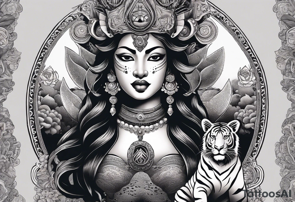 durga goddess, riding a tiger, kali, pirate, pachamama, chest tatoo, lotus, piarte tattoo idea