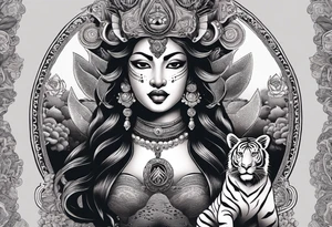 durga goddess, riding a tiger, kali, pirate, pachamama, chest tatoo, lotus, piarte tattoo idea