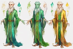 A tall, slender, beautiful elf male with green skin, He is tall and slender, with pale green skin, long rainbow hair, and a gold and green beard. Amber colored eyes. Wearing a teal monastic robe. tattoo idea