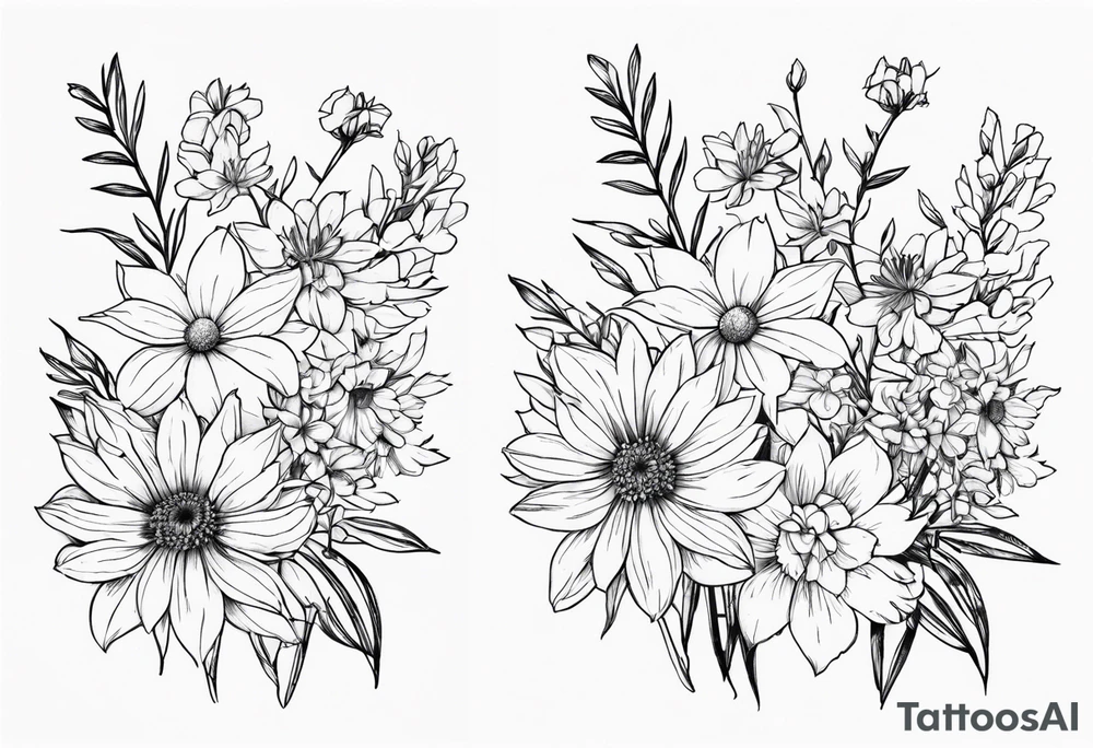 Aster and  delphinium tall bouquet tattoo idea